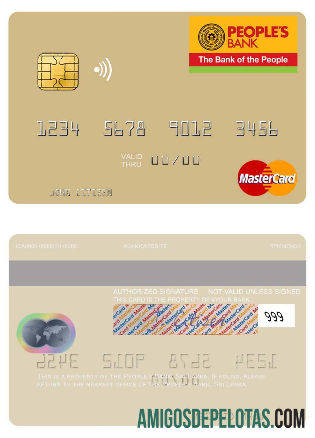 Mastercard do Banco Popular do Sri Lanka modelo